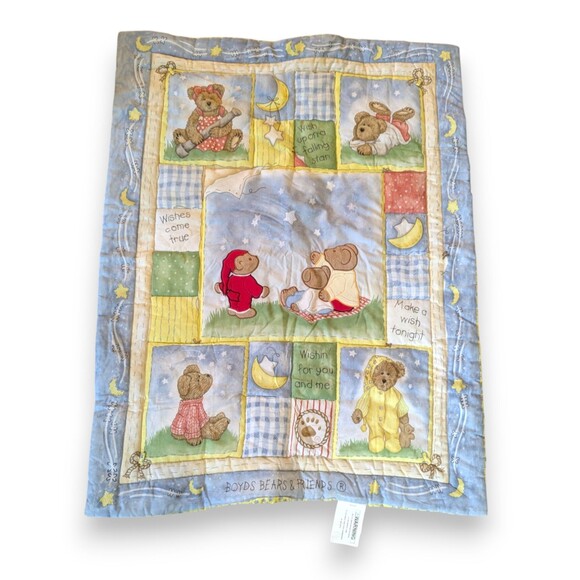 Vintage BOYDS BEARS Moon Stars Teddy Patchwork Quilt Baby Crib Blanket 32x42 - Picture 1 of 8